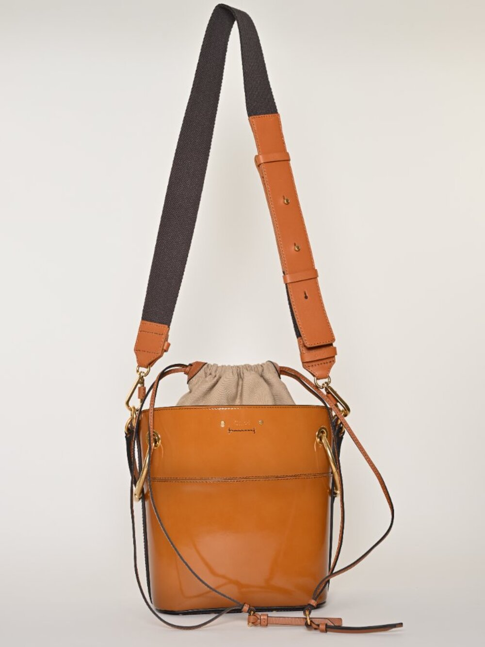 Chloe ROY Patent Leather Bucket Shoulder Bag Canvas Inner Pouch Detachable Strap